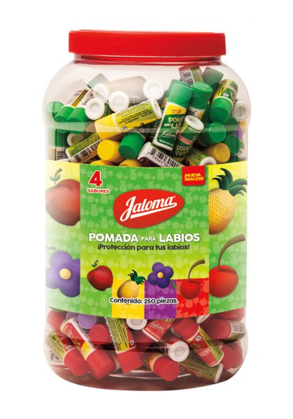 Pomada para labios, Vitrolero 4 sabores, 250 piezas